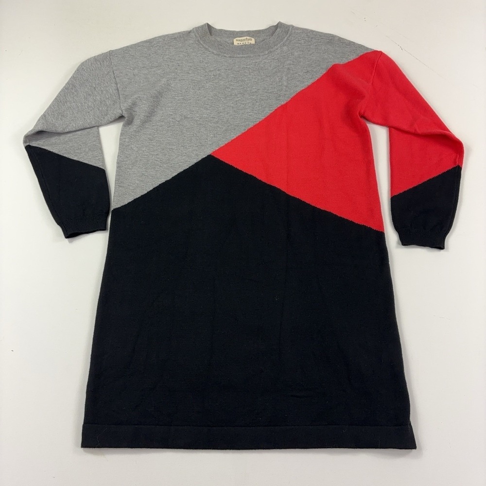 Sugarhill Brighton Sweater Dress Womens 14 Gray Red Black Colorblock Long Sleeve